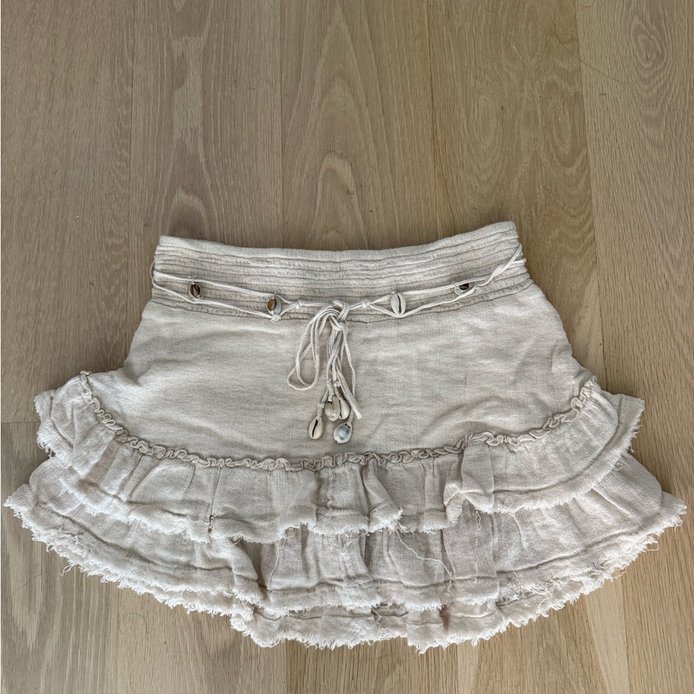 Free People Tan Mini Skirt with Ruffles and Tie Front